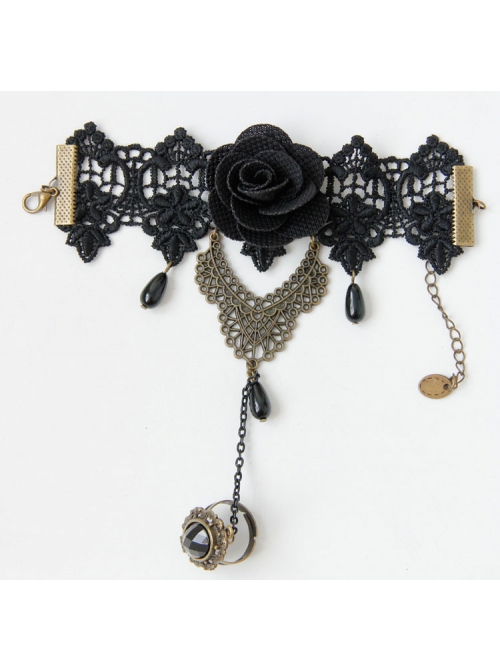 Gothic Baroque Palace Style Black Flowers Pearl Lace Band Ring Christmas Party Bracelet
