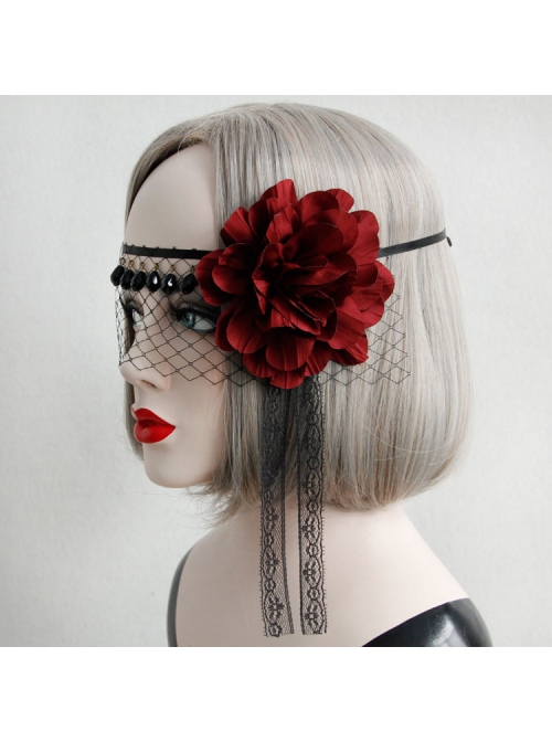 Gothic Halloween Christmas Black Lace Red Rose Face Mask Ribbon Veil