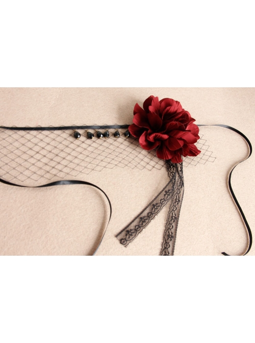 Gothic Halloween Christmas Black Lace Red Rose Face Mask Ribbon Veil