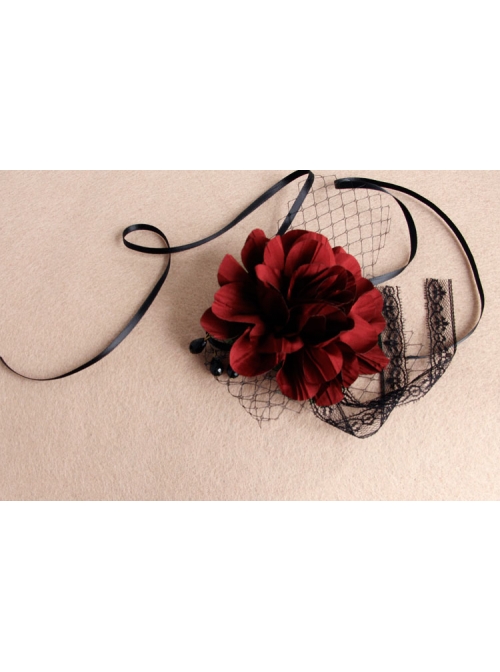 Gothic Halloween Christmas Black Lace Red Rose Face Mask Ribbon Veil
