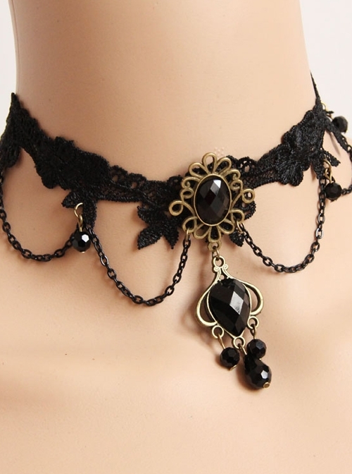 Vintage Black Gothic Lace Gem Pendant Decoration Fake Collar Choker