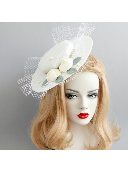 Palace Baroque Retro Horse Racing White Net Yarn Pearl Banquet Wedding Dress Top Hat