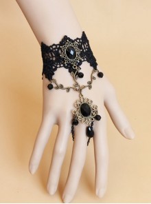 Gothic Retro Fashion Black Lace Gemstone Female Ring One Chain Bracelet