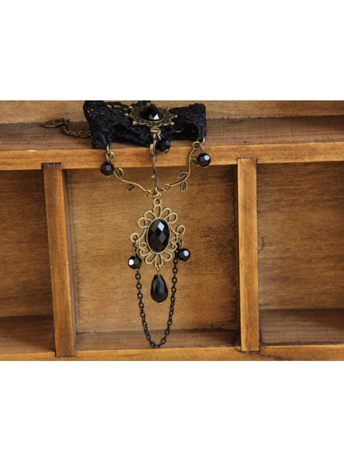 Gothic Retro Fashion Black Lace Gemstone Female Ring One Chain Bracelet