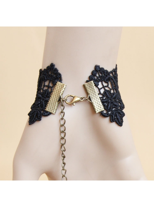 Gothic Retro Fashion Black Lace Gemstone Female Ring One Chain Bracelet