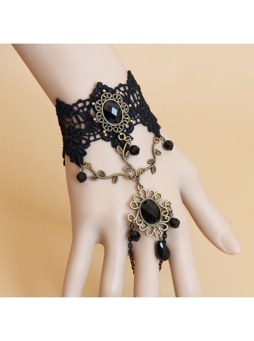 Gothic Retro Fashion Black Lace Gemstone Female Ring One Chain Bracelet