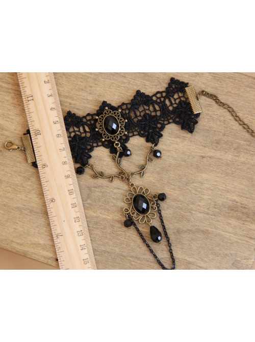 Gothic Retro Fashion Black Lace Gemstone Female Ring One Chain Bracelet