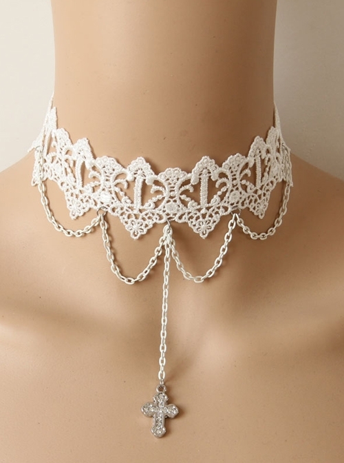 Lolita White Lace Cross Christmas Fashion Party Queen Short Necklace
