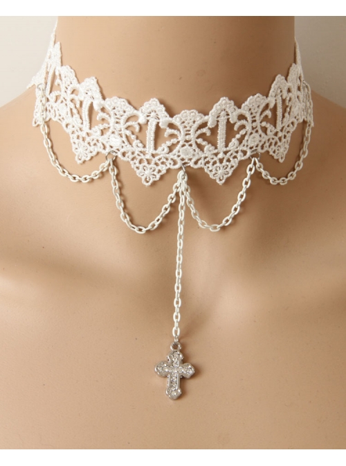 Lolita White Lace Cross Christmas Fashion Party Queen Short Necklace