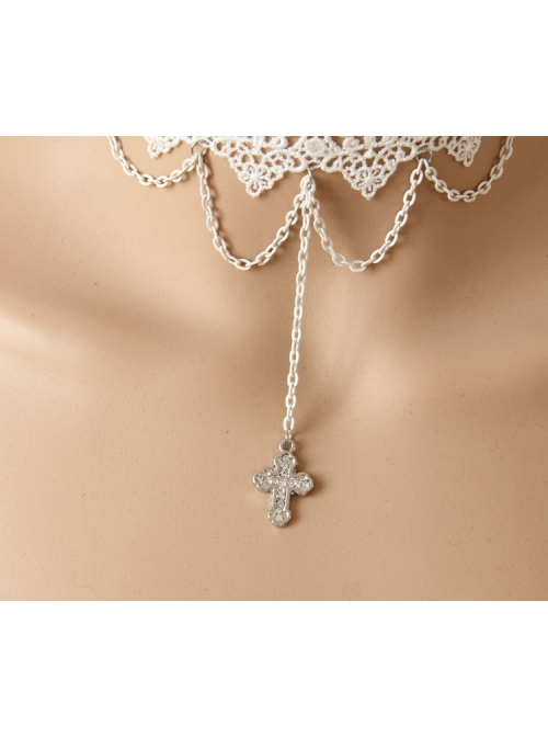 Lolita White Lace Cross Christmas Fashion Party Queen Short Necklace