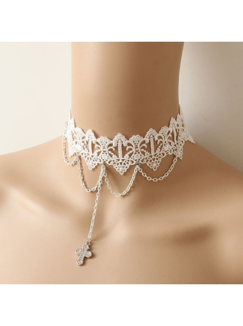 Lolita White Lace Cross Christmas Fashion Party Queen Short Necklace