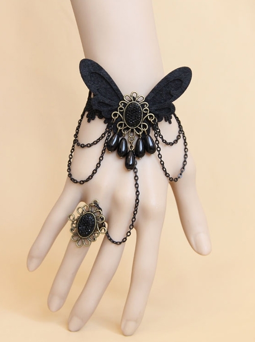 Retro One-Piece Chain With Ring Female Gothic Style Black Lace Bracelet
