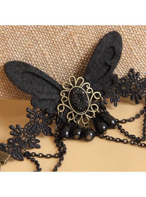 Retro One-Piece Chain With Ring Female Gothic Style Black Lace Bracelet