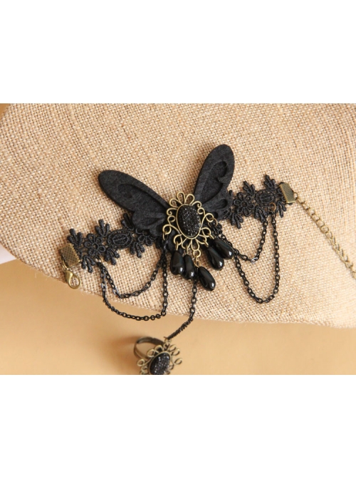 Retro One-Piece Chain With Ring Female Gothic Style Black Lace Bracelet