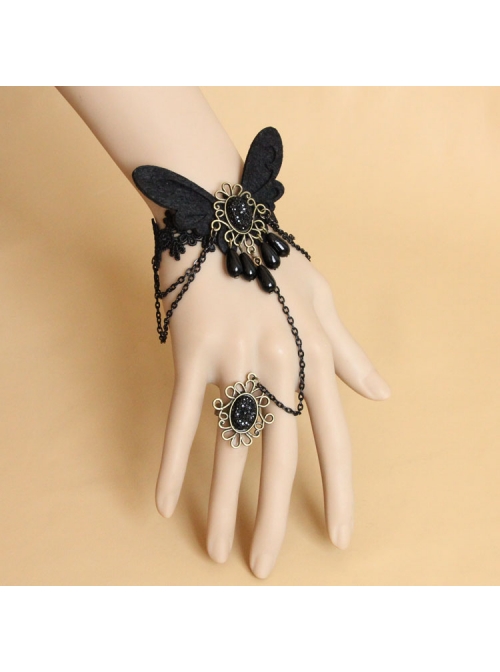 Retro One-Piece Chain With Ring Female Gothic Style Black Lace Bracelet