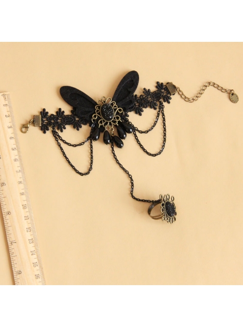 Retro One-Piece Chain With Ring Female Gothic Style Black Lace Bracelet