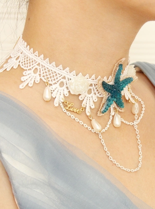 Fashion Beach Accessories Blue Starfish White Lace Choker