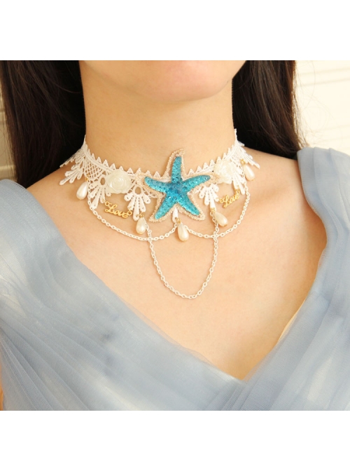 Fashion Beach Accessories Blue Starfish White Lace Choker