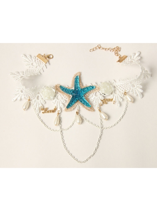 Fashion Beach Accessories Blue Starfish White Lace Choker