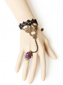 Retro Fashion Gothic Black Lace Rose Flower Female Bracelet Ring One Chain