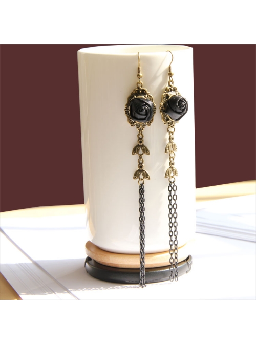 Gothic Black Rose Tassel Long Earrings Exaggerated Personality Jewelry