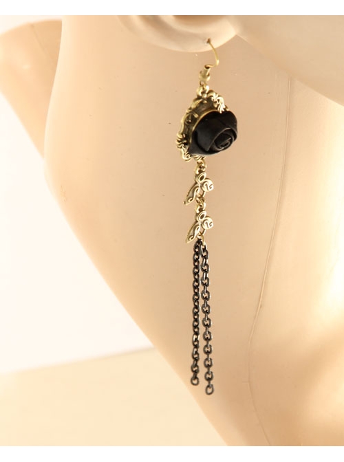 Gothic Black Rose Tassel Long Earrings Exaggerated Personality Jewelry