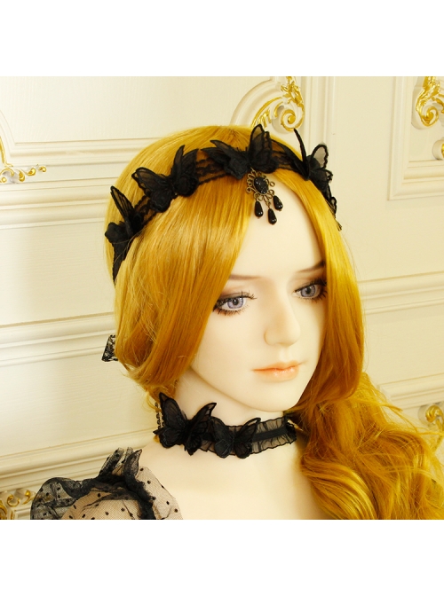 Black Net Yarn Lace Butterfly Headband Gothic Long Streamer Headwear