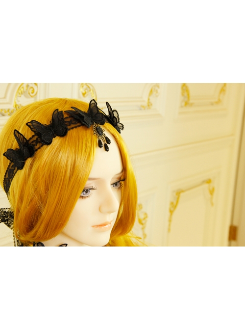 Black Net Yarn Lace Butterfly Headband Gothic Long Streamer Headwear