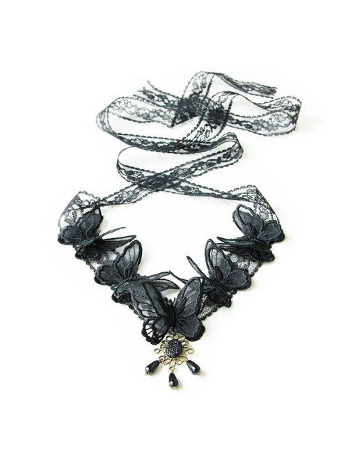 Black Net Yarn Lace Butterfly Headband Gothic Long Streamer Headwear