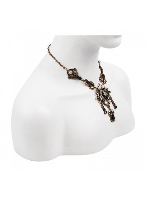 Victorian Antique Gold Vintage Artificial Gemstone Acrylic Pearl Gothic Necklace