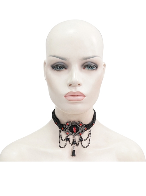 Black Woven Buckle Red Gemstones Gothic Necklace