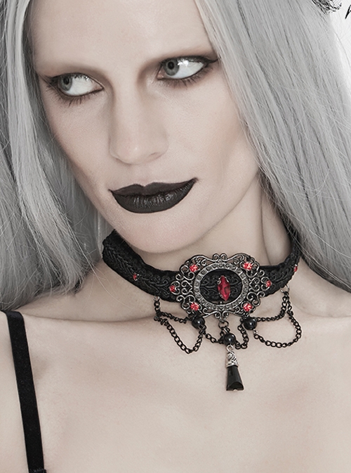 Black Woven Buckle Red Gemstones Gothic Necklace