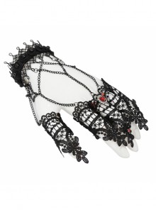 Black Mesh Chain And Red Gems Inlaid Gothic Lace Gloves