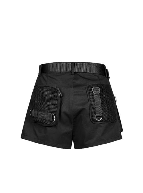 I-Shaped Clasp Belt Multi-Level Pocket Pit Ribbon Decoration Black Punk High Waist Shorts