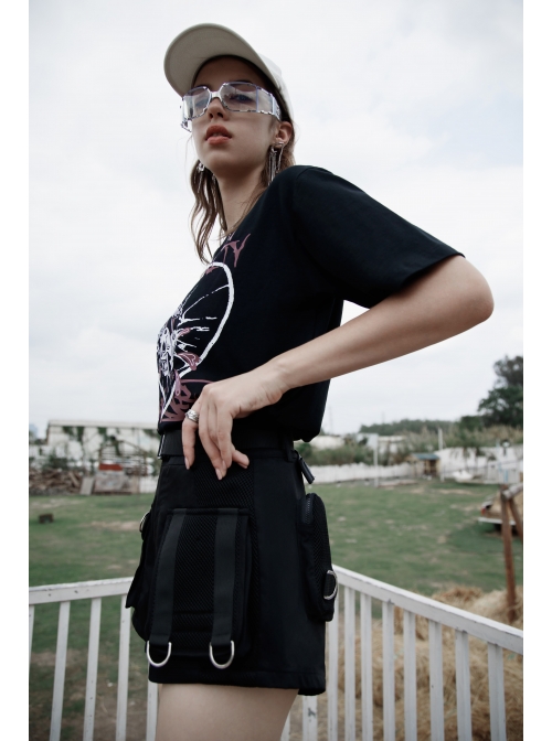 I-Shaped Clasp Belt Multi-Level Pocket Pit Ribbon Decoration Black Punk High Waist Shorts