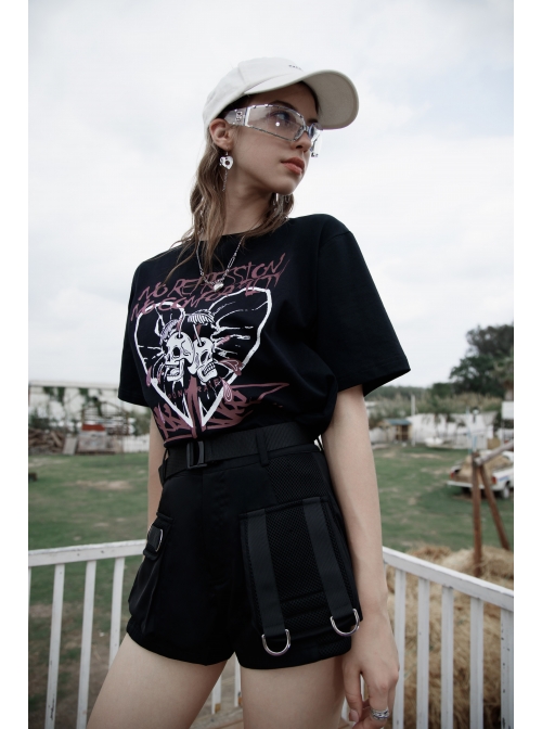 I-Shaped Clasp Belt Multi-Level Pocket Pit Ribbon Decoration Black Punk High Waist Shorts