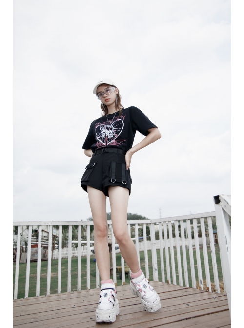 I-Shaped Clasp Belt Multi-Level Pocket Pit Ribbon Decoration Black Punk High Waist Shorts