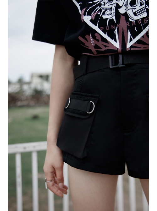 I-Shaped Clasp Belt Multi-Level Pocket Pit Ribbon Decoration Black Punk High Waist Shorts