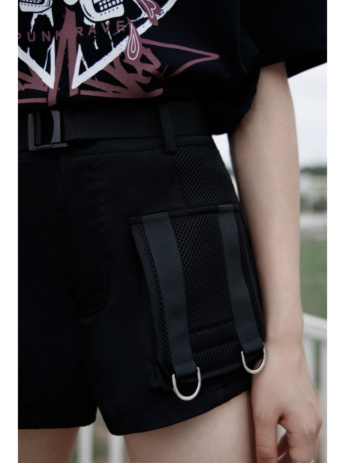 I-Shaped Clasp Belt Multi-Level Pocket Pit Ribbon Decoration Black Punk High Waist Shorts