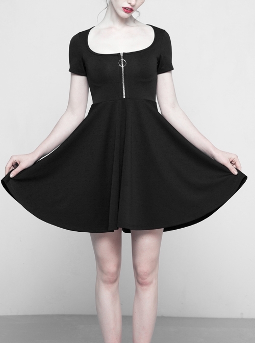Black Front Metal Zipper Short Sleeve Back Eclipse Design Punk Knit Dress