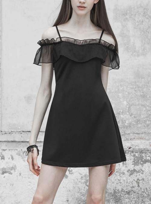 Off-Shoulder Front Chest Chiffon Flounce Black Gothic Imitation Silk Sling Dress