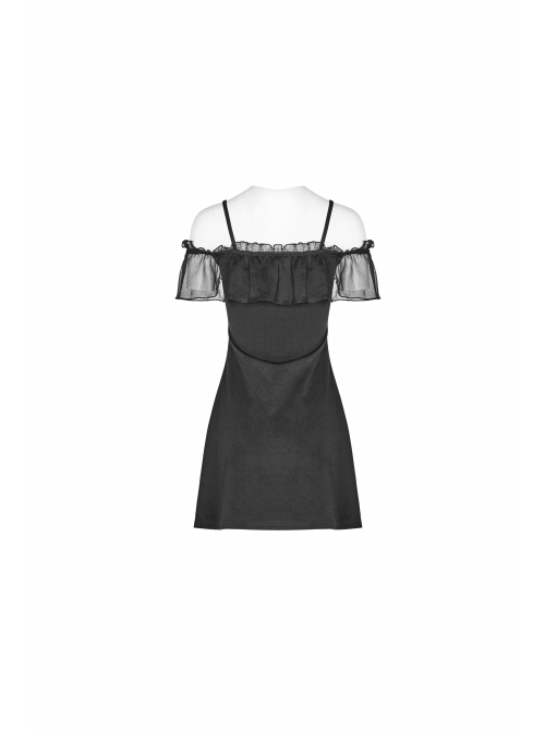 Off-Shoulder Front Chest Chiffon Flounce Black Gothic Imitation Silk Sling Dress