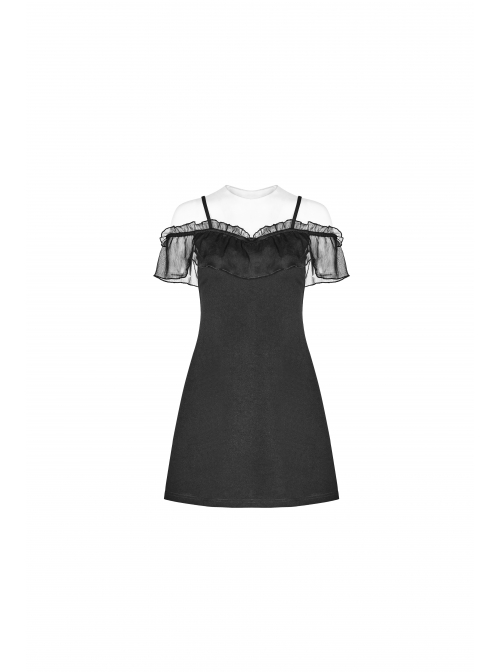 Off-Shoulder Front Chest Chiffon Flounce Black Gothic Imitation Silk Sling Dress
