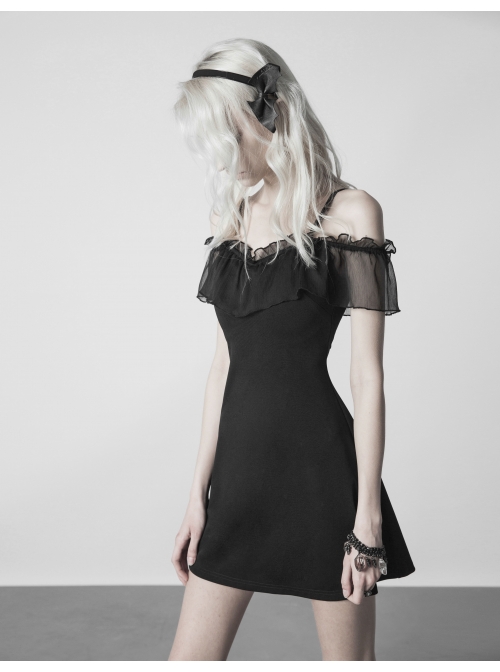 Off-Shoulder Front Chest Chiffon Flounce Black Gothic Imitation Silk Sling Dress
