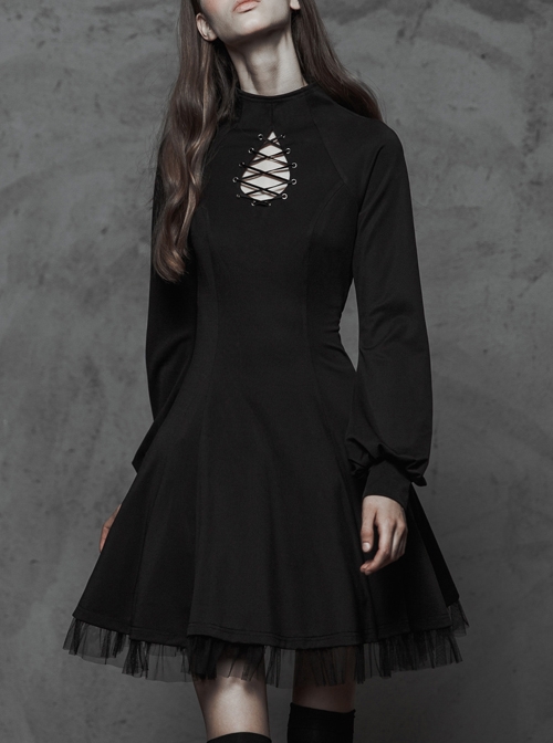 High Collar Front Chest Hollow-Out Lace-Up Long Sleeve Mesh Hem Black Gothic Dress