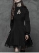 High Collar Front Chest Hollow-Out Lace-Up Long Sleeve Mesh Hem Black Gothic Dress