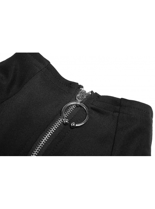 High Collar Front Chest Hollow-Out Lace-Up Long Sleeve Mesh Hem Black Gothic Dress