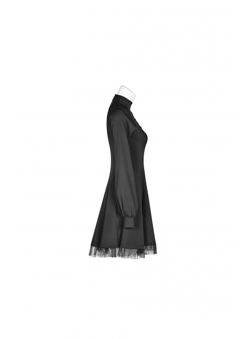 High Collar Front Chest Hollow-Out Lace-Up Long Sleeve Mesh Hem Black Gothic Dress