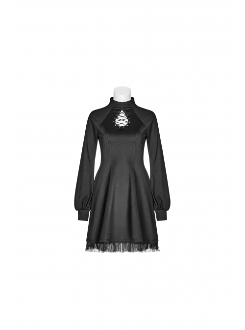 High Collar Front Chest Hollow-Out Lace-Up Long Sleeve Mesh Hem Black Gothic Dress