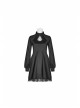 High Collar Front Chest Hollow-Out Lace-Up Long Sleeve Mesh Hem Black Gothic Dress